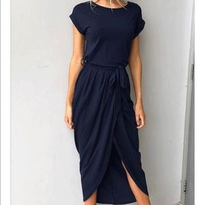 Belted Navy Maxi Dress with Tulip Hem